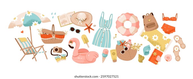 Summer set. Summer time weekend and travel with a beach chair, inflatable flamingo and picnic basket. Summer vacation  with a beach umbrella, sunglasses, and ice cream. Flat vector illustration set.