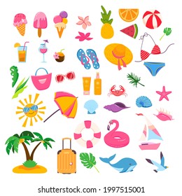 Summer set with travel elements. Ice cream, sun, leaves, hat, sandals, pineapple, bag, palms, drinks, seashells. Vector illustration. Set of cute summer icons. Beach party scrapbooking element 