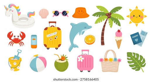 Summer set with travel and tropical elements. Unicorn float, palm tree, dolphin, crab, sunglasses, coconut drink, ice cream, seashell cute collection. Flat vector illustration.