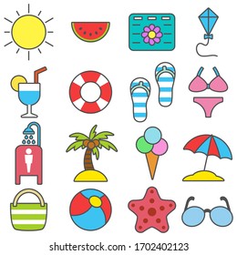 Summer set of travel and vacation icons on the sea coast in flat style. Vector illustration.