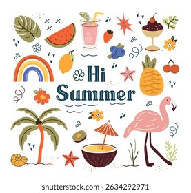 Summer, a set of trend elements: flamingos, rainbows, pineapple, palm tree, dessert, ice cream, drinks. Fashionable modern art. Cartoon, minimalistic, abstract modern style. art template for summer 