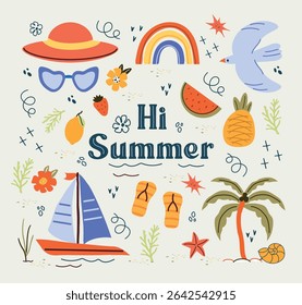 Summer, a set of trend elements: sun, pineapple, palm tree, dessert, glasses, rainbow. Fashionable modern art. Cartoon, minimalistic, abstract art Nouveau style. art template for summer postcard, 