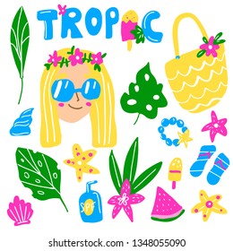 Summer set. Tropic leaves, ice cream, shell, lotion and other hand drawn elements for vacation, holidays theme stickers, icons