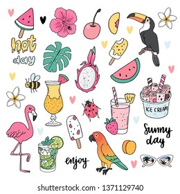 Summer set with tropical birds and fruits, smoothies, cocktails, monstera leaf and hand drawn inscriptions, hot day, sunny day. Vector illustration on white background  