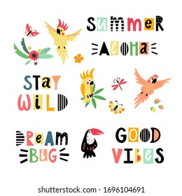 Summer set of tropical design elements. Parrots, toucan, tropical plants and flowers and hand written lettering. Vector tropical birds collection.