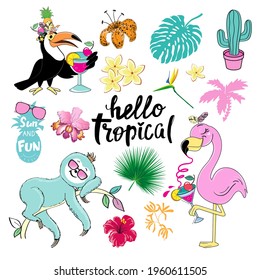 Summer set of tropical leaves, flowers, toucan, flamingo, sloth. Vector illustration isolated