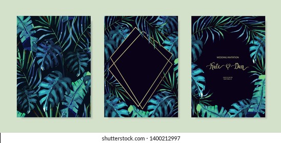 Summer set with tropical leaves on black background. Jungle design for posters, wedding cards, banners, invitations. Vector illustration