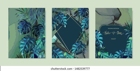 Summer set with tropical leaves on watercolor marble background. Jungle design for posters, wedding cards, banners, invitations. Vector illustration