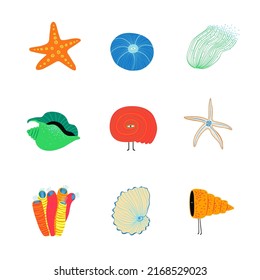 Summer set with underwater life illustrations. Funny surreal seashell, starfish, coral and seaweed elements.