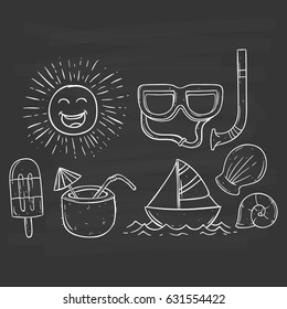 summer set using sketchy style with boat, shell and coconut water on chalkboard background