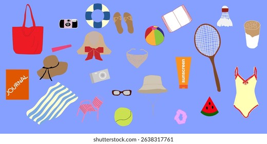 summer. set of summer vacation on the beach. book, ball, hat, camera, tennis, chair.