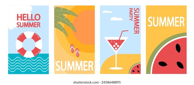 Summer. Set of vector summer backgrounds. Fruit beach umbrella, flip flops and cocktail. Abstract vector background, patterns for posters, covers, flyers, banners.