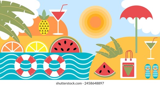 Summer. Set of vector summer backgrounds. Fruit beach umbrella, flip flops and cocktail. Abstract vector background, patterns for posters, covers, flyers, banners.