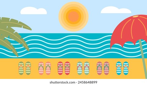 Summer. Set of vector summer backgrounds. Fruit beach umbrella, flip flops and cocktail. Abstract vector background, patterns for posters, covers, flyers, banners.