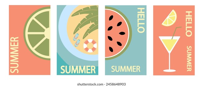 Summer. Set of vector summer backgrounds. Fruit beach umbrella, flip flops and cocktail. Abstract vector background, patterns for posters, covers, flyers, banners.