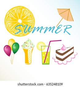 Summer set of vector illustration balloons sweet cake ice cream and drinks