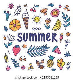 Summer set. Vector illustration of colorful doodles of summer symbols