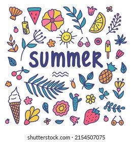 Summer set. Vector illustration of colorful doodles of summer symbols