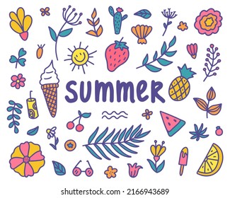 Summer set. Vector illustration of colorful doodles of seasonal symbols.