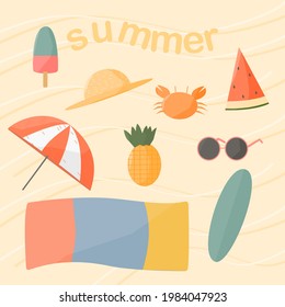 summer set vector illustration. ice cream hat summer hat watermelon pineapple umbrella sand
