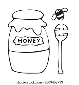 Summer set of vector illustrations in doodle style. Coloring. Image of a bee, a jar of honey and a honey dipper.