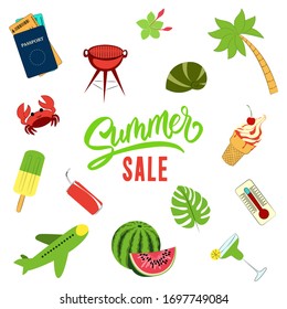 Sommerset, Vektorgrafiken mit Buchstabiersverkauf. Sommerelemente: Pass mit Bordkarte, Grill, Muschel, tropische Blumen, Thermometer, Eis, Krabbe, Cocktail, Wassermelone