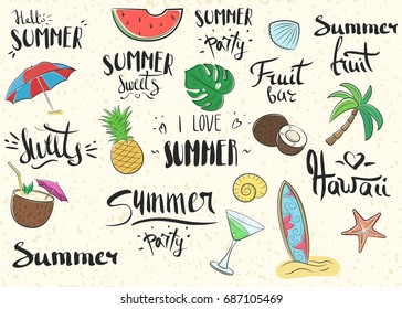 Summer set of vector illustrations and stylish lettering