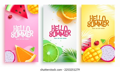 Summer set vector poster design. Hello summer text with tropical fruits lay out background. Vector illustration holiday season banner, flyers and ads collection. 