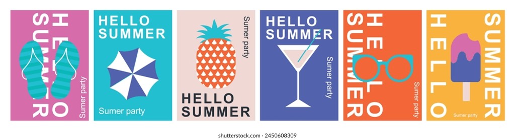 Summer. Set of vector summer posters. flip flops, ice cream, pineapple, beach umbrella, flip flops and cocktail. Abstract vector backgrounds. Perfect backgrounds for posters, covers, flyers, banners