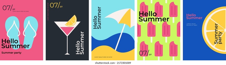 Summer. Set of vector Summer posters. Ice cream, orange, beach umbrella, flip flops and a cocktail . Abstract vector background patterns. Perfect background for posters, cover art, flyer, banner.