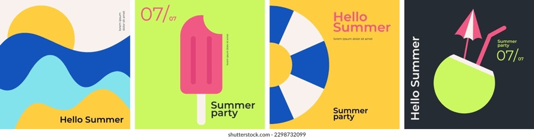 Summer. Set of vector Summer posters. Ice cream, sea waves, lifebuoy and a cocktail. Abstract vector background patterns. Perfect background for posters, cover art, flyer, banner.