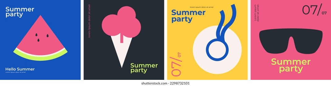 Summer. Set of vector Summer posters. Ice cream, beach hat, watermelon and sunglasses. Abstract vector background patterns. Perfect background for posters, cover art, flyer, banner.