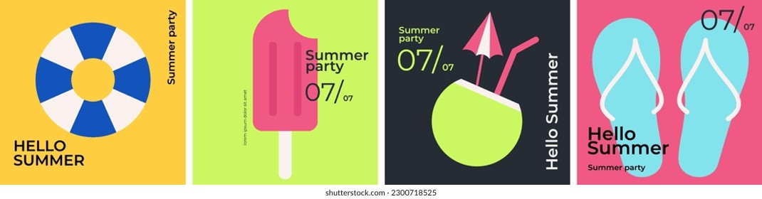 Summer. Set of vector Summer posters. Ice cream, lifebuoy, flip flops, and a cocktail. Abstract vector background patterns. Perfect background for posters, cover art, flyer, banner.