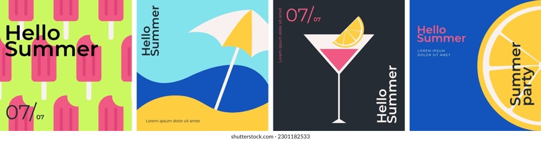 Summer. Set of vector Summer posters. Ice cream, orange, beach umbrella and a cocktail. Abstract vector background patterns. Perfect background for posters, cover art, flyer, banner.