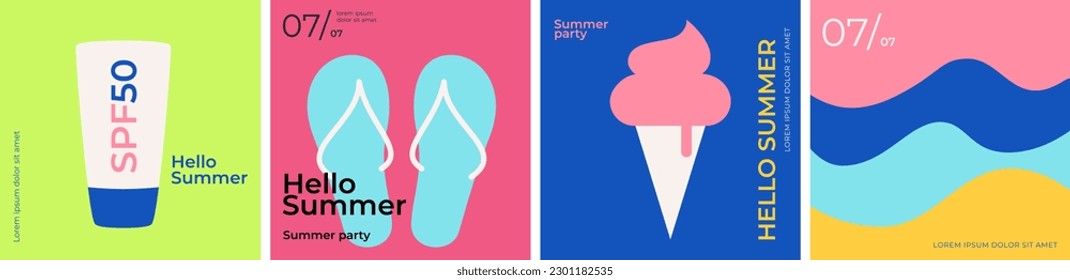 Summer. Set of vector Summer posters. Ice cream, SPF cream, flip flops and sea waves. Abstract vector background patterns. Perfect background for posters, cover art, flyer, banner.