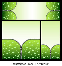 Verano - un conjunto de plantillas vectoriales para banners, gadgets fondo de pantalla, folletos - fondo verde con mariposas, hojas y cremallera. Copiar espacio para el texto