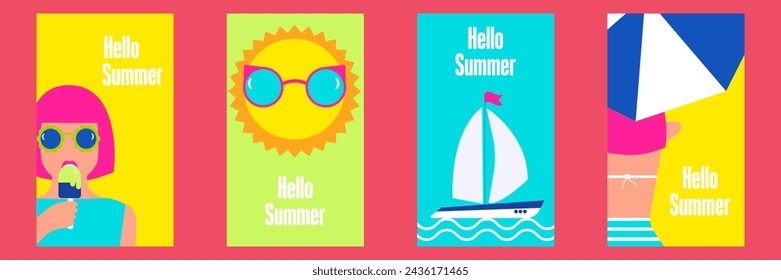 Sommer. Eine Reihe von senkrechten Sommerplakaten.  Abstrakte Hintergrundzeichnungen. Minimalistischer Stil. Der perfekte Hintergrund für Plakate, Cover, Flyer, Banner. Vektorgrafiken