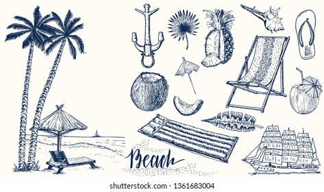 Summer set. Vintage vacation collection with Summer items. Vector travel icon