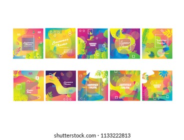 summer set wallpaper, banner, backgroud, flyer and cover,Unique artistic summer cards with bright gradient background,shapes and geometric elements in memphis style. Abstract design cards