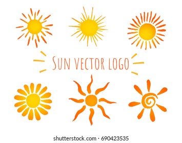 Summer set of warm hand drawn watercolor sun icons. Vector illustration isolated on white background.