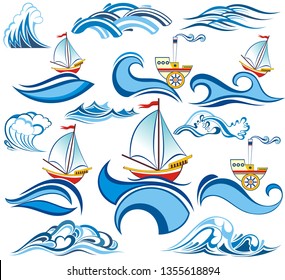 Summer set with water waves and ships