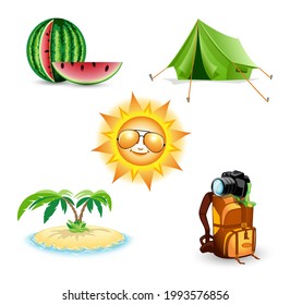 Summer set. Watermelon, island, tent, backpack and camera, sun. Vector illustration 