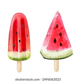 Summer set of watermelon slice and watermelon ice cream, isolated vector illustration in watercolor style