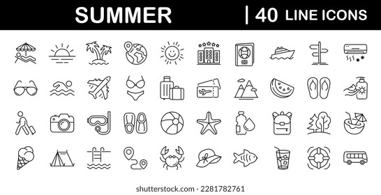 Summer set of web icons in line style. Summer vacation icons for web and mobile app. Travel, beach, tourism, summer holidays, hotel, relax, beach, luggage, passport, sunglasses. Vector illustration