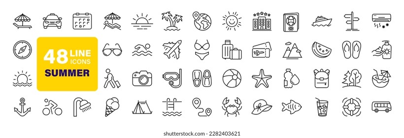 Sommerset von Web-Icons in Linie Stil. Sommerferien-Icons für Web- und mobile App. Reisen, Strand, Tourismus, Sommerferien, Hotel, Relax, Strand, Gepäck, Pass, Sonnenbrille. Vektorgrafik