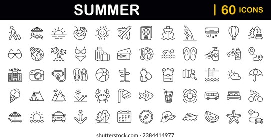 Summer set of web icons in line style. Summer vacation icons for web and mobile app. Travel, beach, tourism, summer holidays, hotel, relax, beach, luggage, passport, sunglasses. Vector illustration