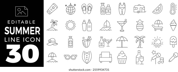 Summer set of web icons in line style. Summer vacation icons for web and mobile app. Travel, beach, tourism, summer holidays, hotel, relax, beach, luggage, passport, sunglasses. Vector illustration