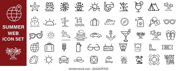 Conjunto de verano de iconos web en estilo de línea. Iconos de vacaciones de verano para Web y App móvil. Viajes, playa, turismo, vacaciones de verano, hotel, relax, playa, equipaje, pasaporte, gafas de sol. Conjunto de iconos grandes todos,