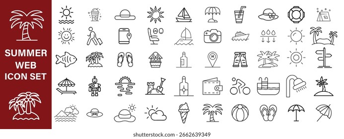 Conjunto de verão de ícones da Web em estilo de linha. Ícones de férias de verão para aplicativos móveis e da Web. Viagem, praia, turismo, férias de verão, hotel, relaxar, praia, bagagem, passaporte, óculos de sol. Ícone grande definir tudo ,