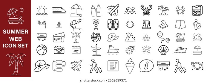Sommerset von Web-Icons im Linienstil. Sommerferiensymbole für Web und mobile App. Reisen, Strand, Tourismus, Sommerferien, Hotel, Relax, Strand, Gepäck, Reisepass, Sonnenbrille. Big Icon set all ,